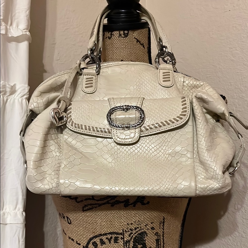 Brighton Cream Snakeskin Satchel with Glossy Finish and Silver Accent
